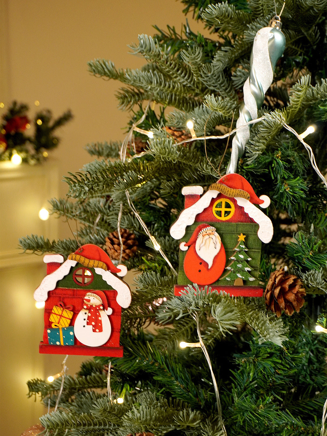 Little Surprise Box 2pcs set of Wooden Home with Santa & Snowman Christmas tree Ornaments