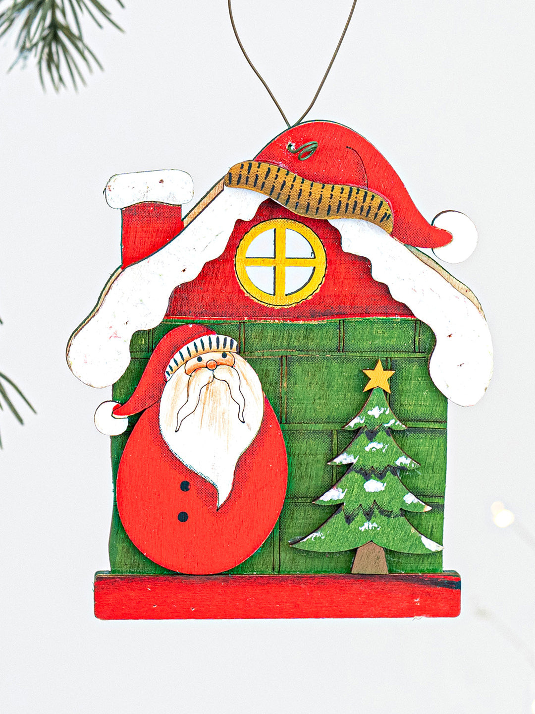 Little Surprise Box 2pcs set of Wooden Home with Santa & Snowman Christmas tree Ornaments