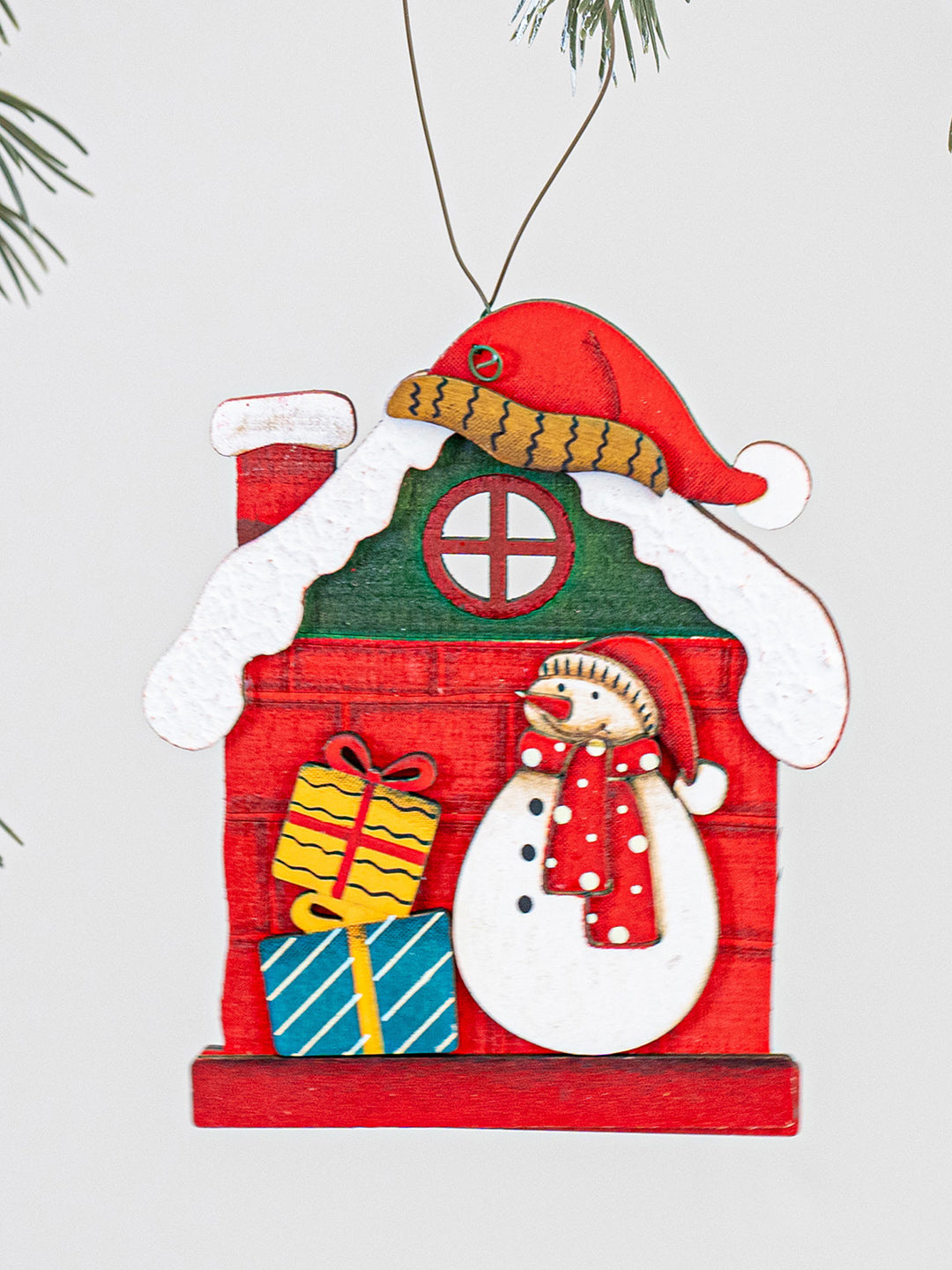 Little Surprise Box 2pcs set of Wooden Home with Santa & Snowman Christmas tree Ornaments