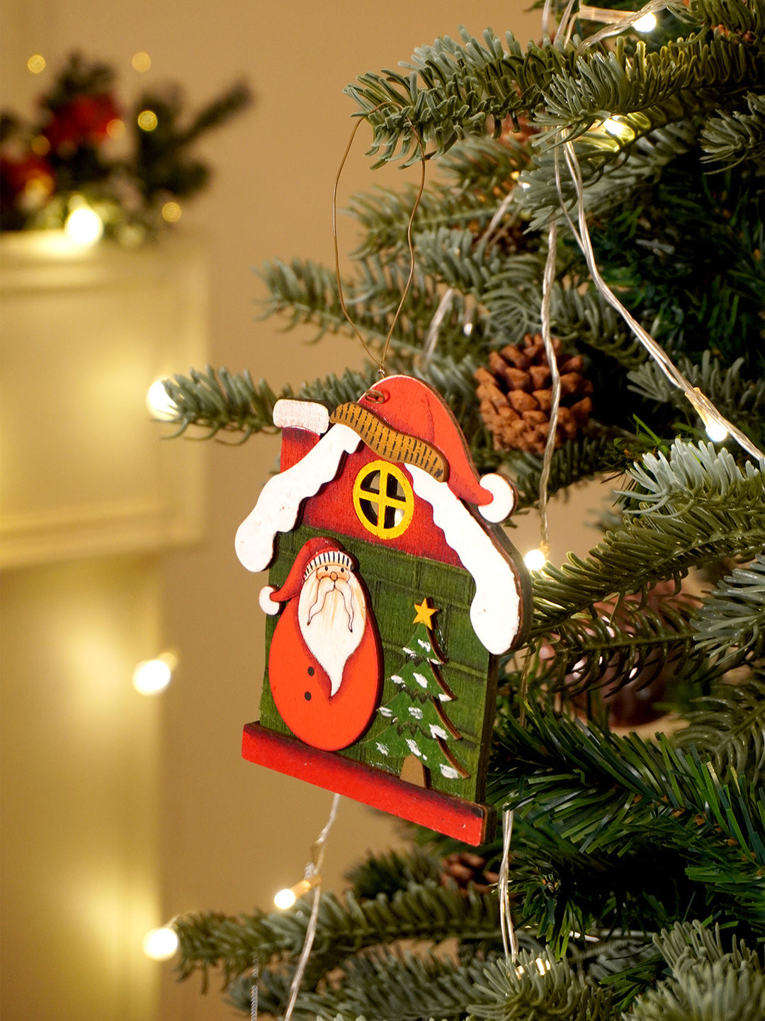 Little Surprise Box 2pcs set of Wooden Home with Santa & Snowman Christmas tree Ornaments