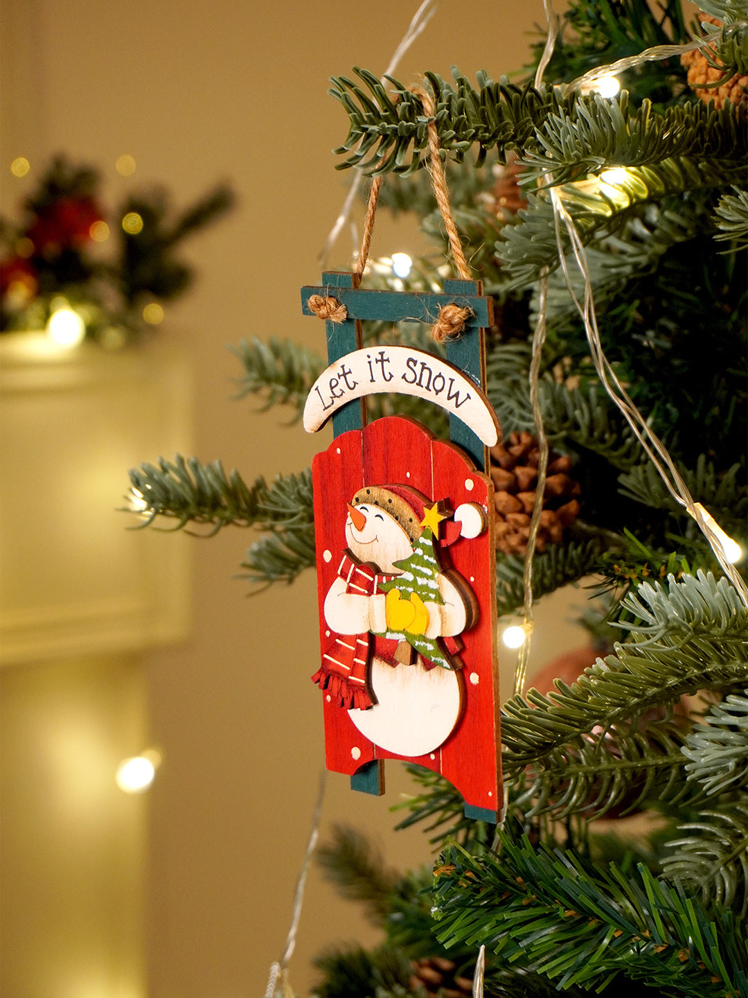 Little Surprise Box 2pcs set of Wooden Sledge with Santa & Snowman Christmas tree Ornaments