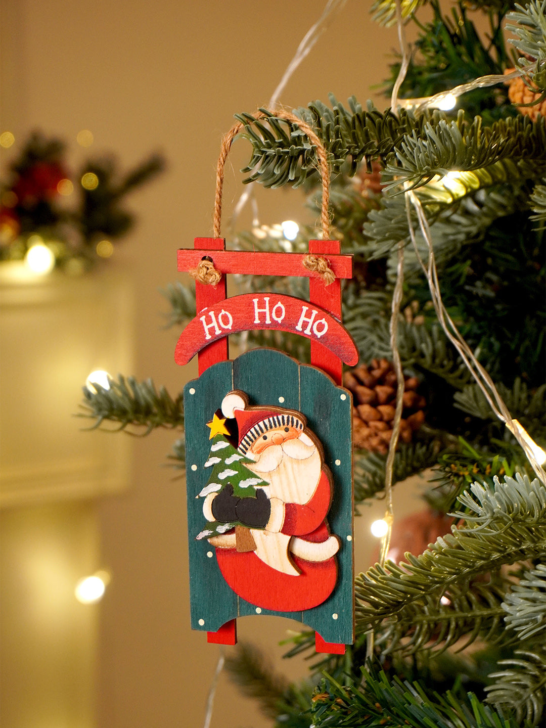 Little Surprise Box 2pcs set of Wooden Sledge with Santa & Snowman Christmas tree Ornaments