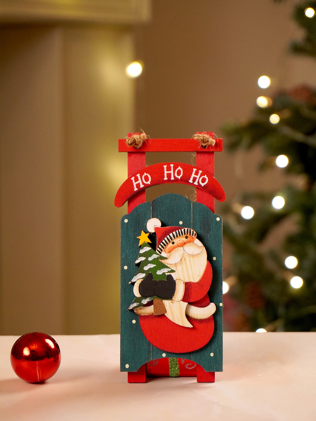 Little Surprise Box 2pcs set of Wooden Sledge with Santa & Snowman Christmas tree Ornaments