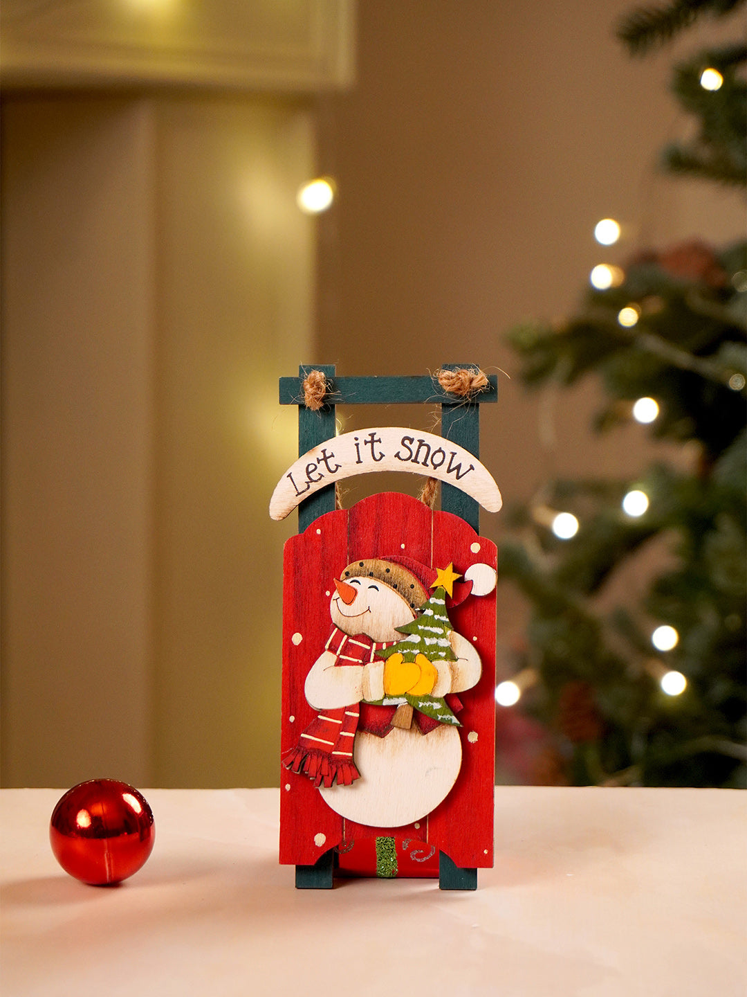 Little Surprise Box 2pcs set of Wooden Sledge with Santa & Snowman Christmas tree Ornaments