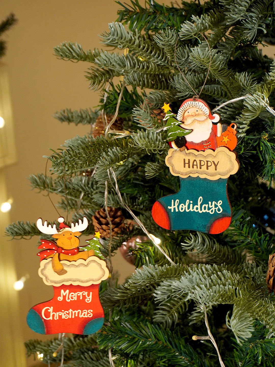 Little Surprise Box 2pcs set of Wooden Stockings with Santa & Reindeer Christmas tree Ornaments