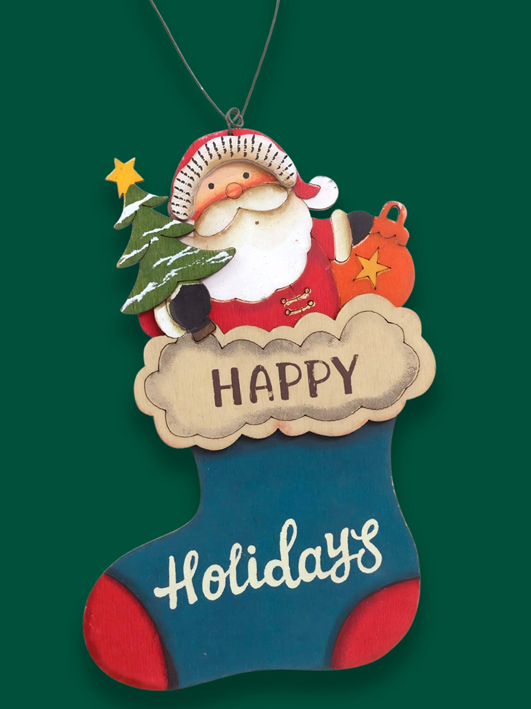 Little Surprise Box 2pcs set of Wooden Stockings with Santa & Reindeer Christmas tree Ornaments