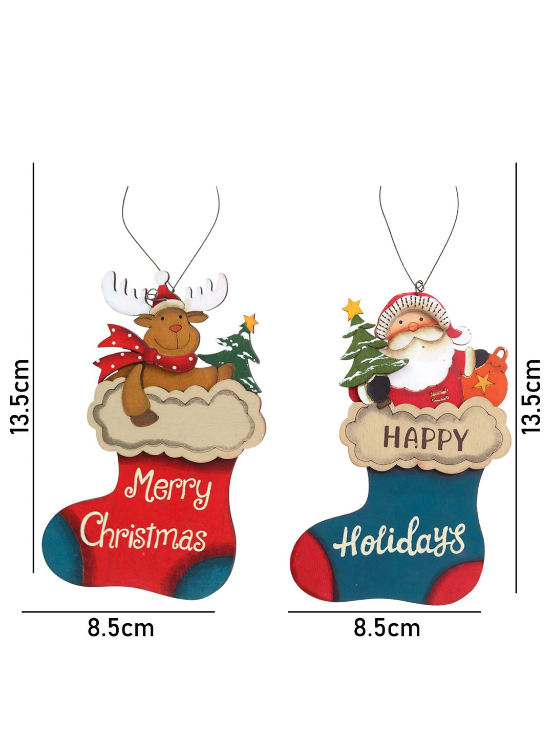 Little Surprise Box 2pcs set of Wooden Stockings with Santa & Reindeer Christmas tree Ornaments