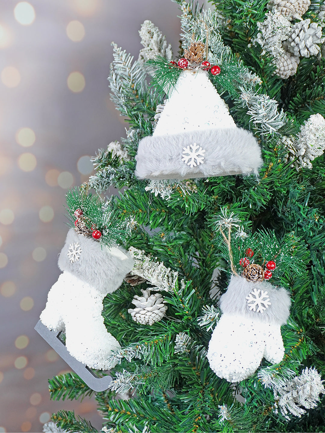 Little Surprise Box 4 pcs Silver Furry Winter Accessories themed Christmas Tree Ornaments