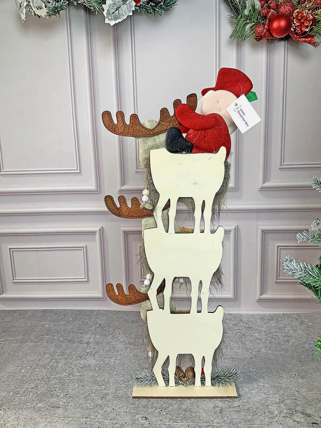 Little Surprise Box 3tier Wooden MDF Stacked Reindeer & Santa chiristmas Home and Office Décor