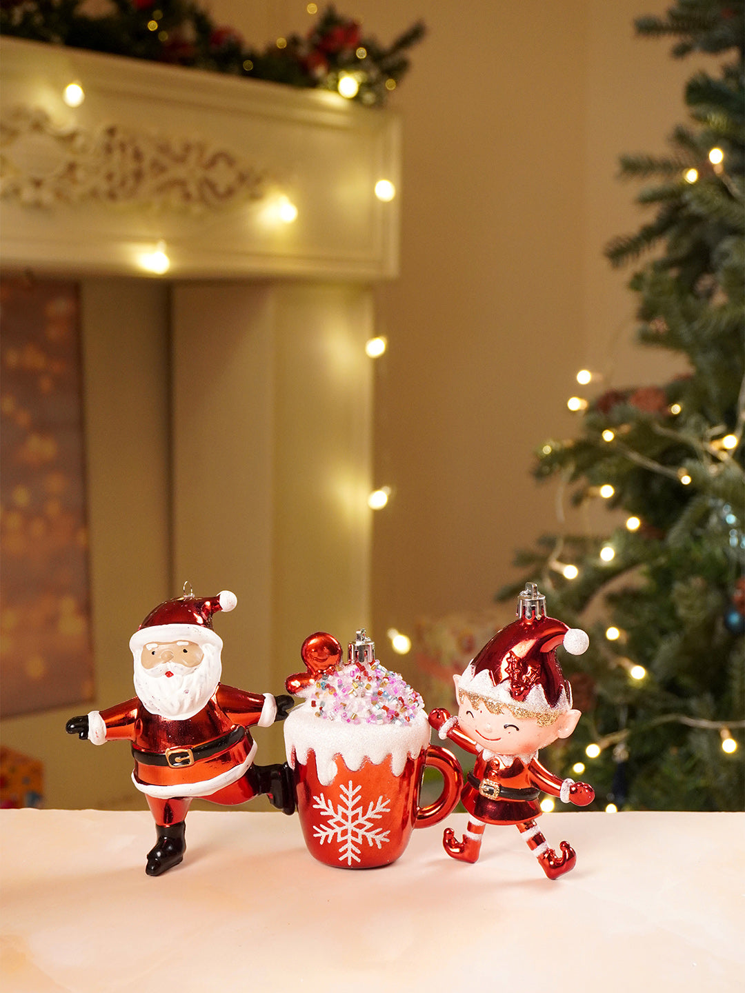Little Surprise Box 3pcs set of Shiny Red Santa, Elf and  Marshmallow Mug christmas Tree Ornaments