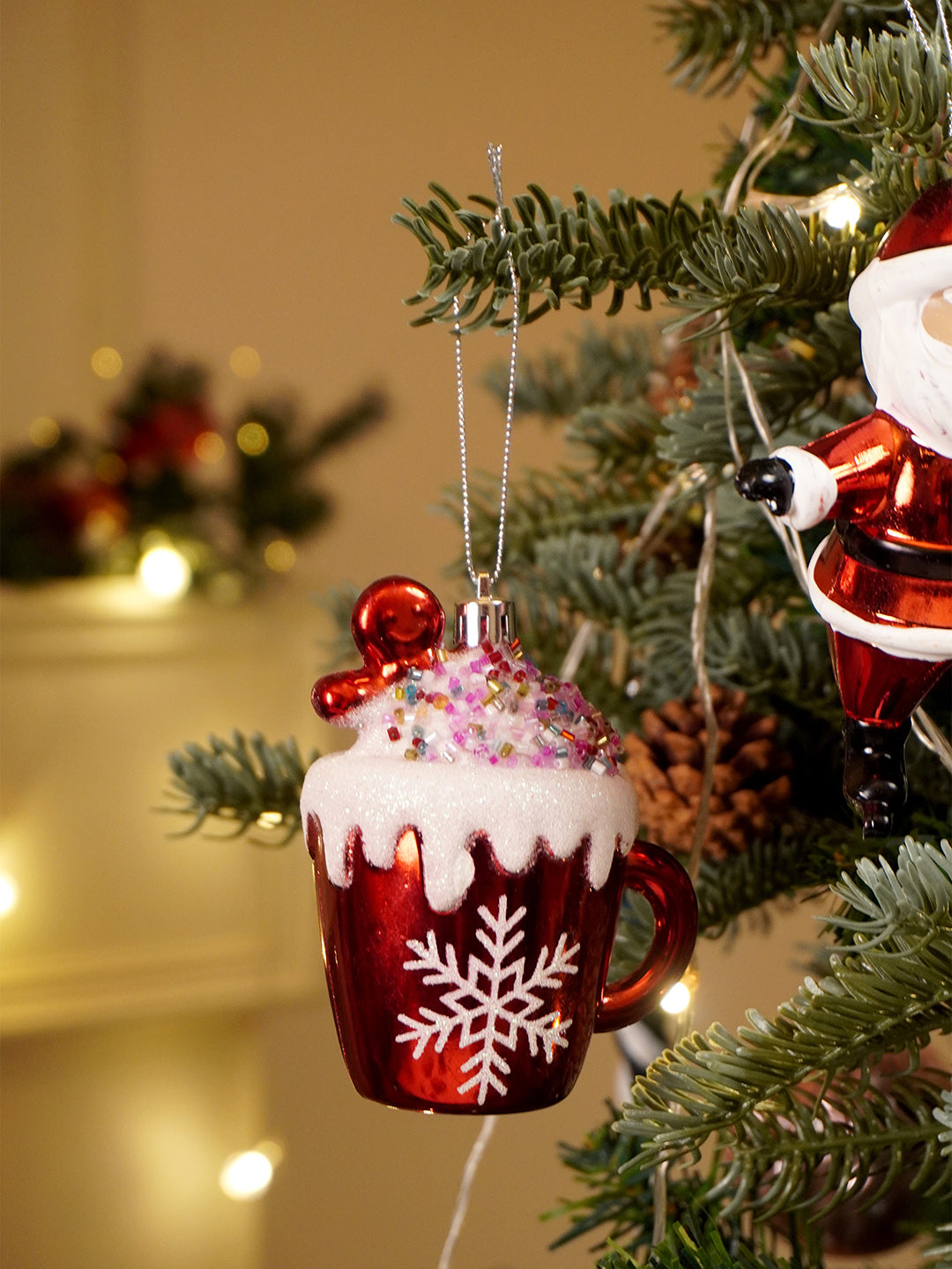 Little Surprise Box 3pcs set of Shiny Red Santa, Elf and  Marshmallow Mug christmas Tree Ornaments