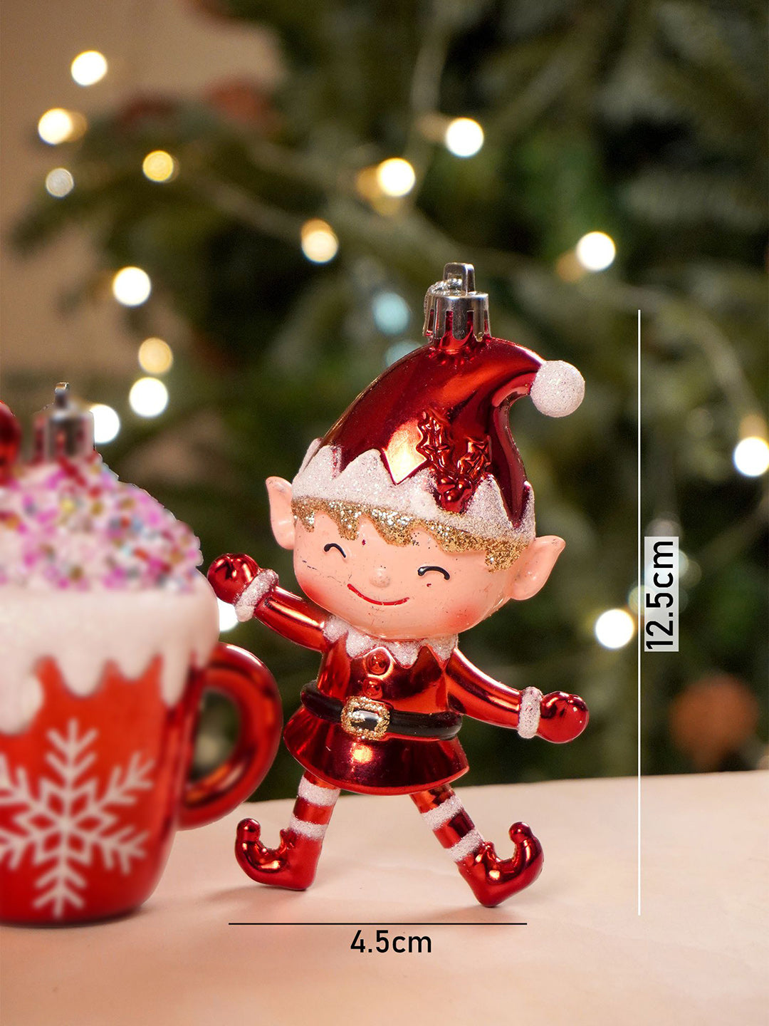 Little Surprise Box 3pcs set of Shiny Red Santa, Elf and  Marshmallow Mug christmas Tree Ornaments