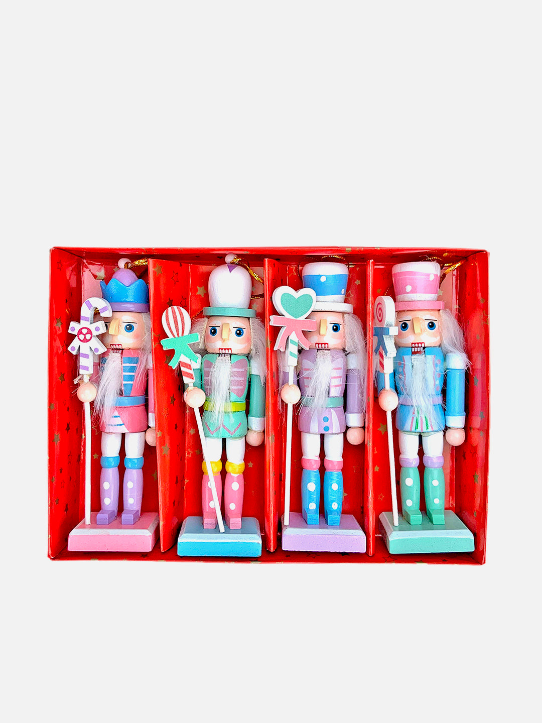 Little Surprise Box Pastel Candy theme, set of 4 Wooden Nutcrackers Christmas Tree Ornaments