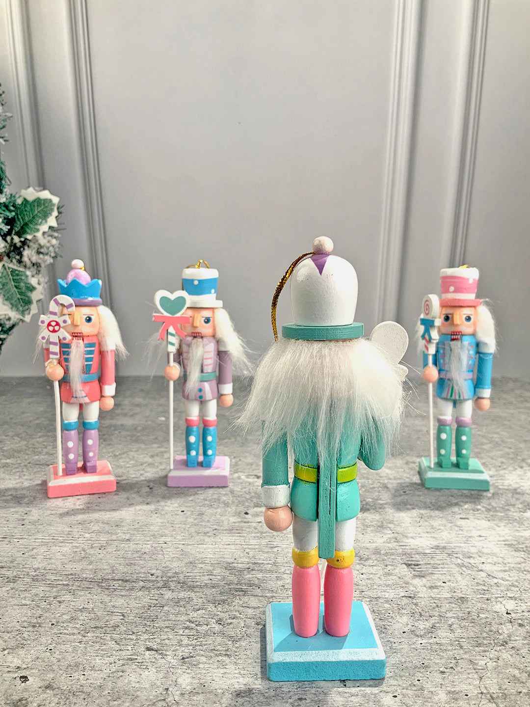 Little Surprise Box Pastel Candy theme, set of 4 Wooden Nutcrackers Christmas Tree Ornaments