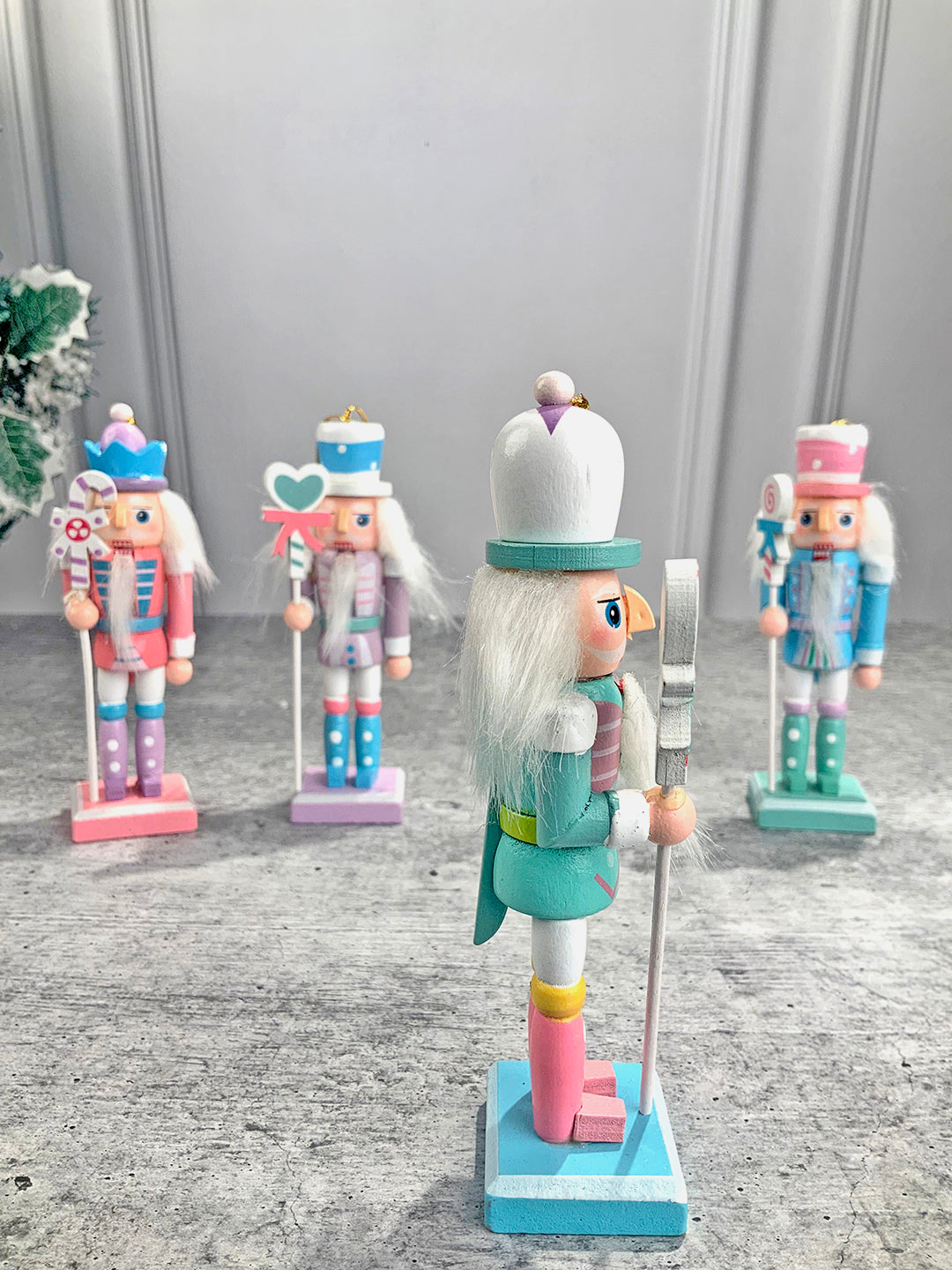 Little Surprise Box Pastel Candy theme, set of 4 Wooden Nutcrackers Christmas Tree Ornaments