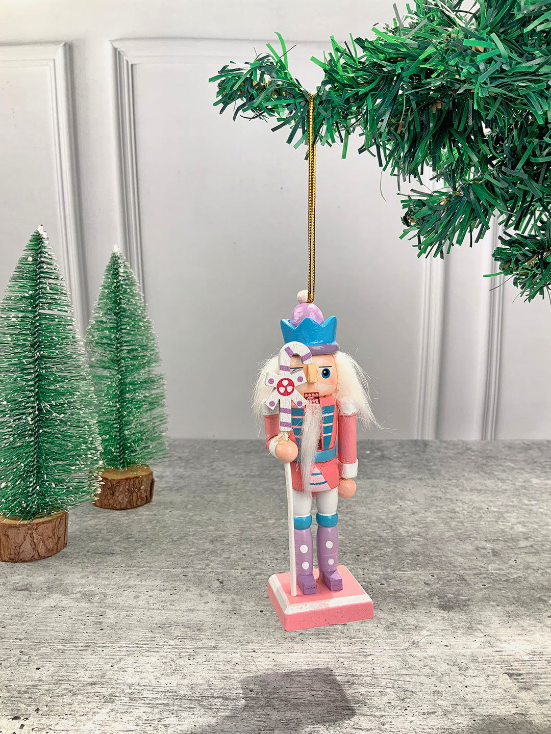 Little Surprise Box Pastel Candy theme, set of 4 Wooden Nutcrackers Christmas Tree Ornaments