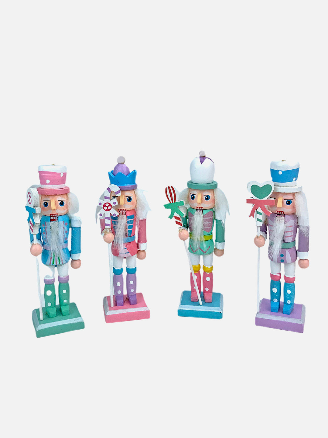 Little Surprise Box Pastel Candy theme, set of 4 Wooden Nutcrackers Christmas Tree Ornaments