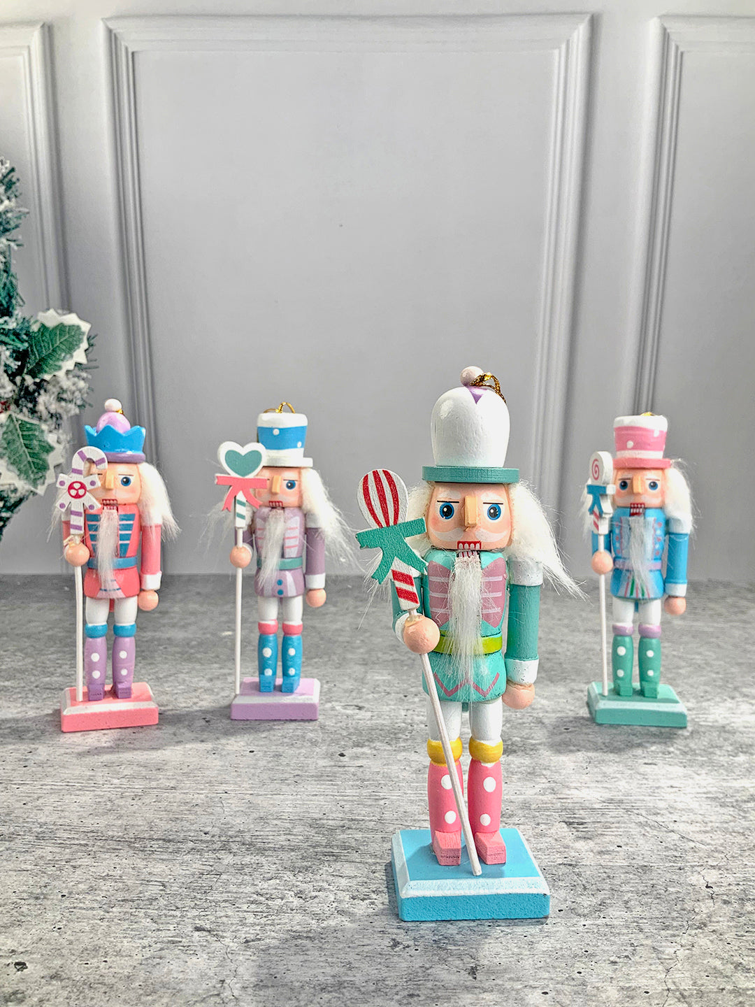 Little Surprise Box Pastel Candy theme, set of 4 Wooden Nutcrackers Christmas Tree Ornaments