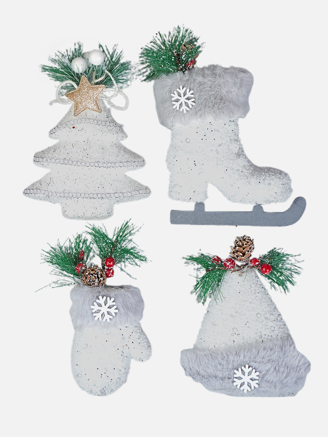 Little Surprise Box 4 pcs Silver Furry Winter Accessories themed Christmas Tree Ornaments