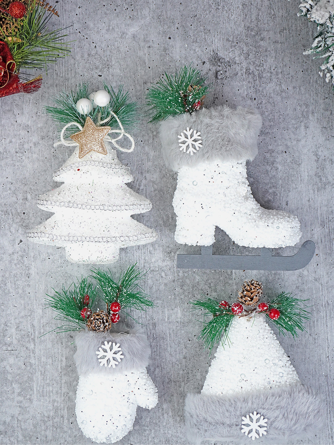 Little Surprise Box 4 pcs Silver Furry Winter Accessories themed Christmas Tree Ornaments