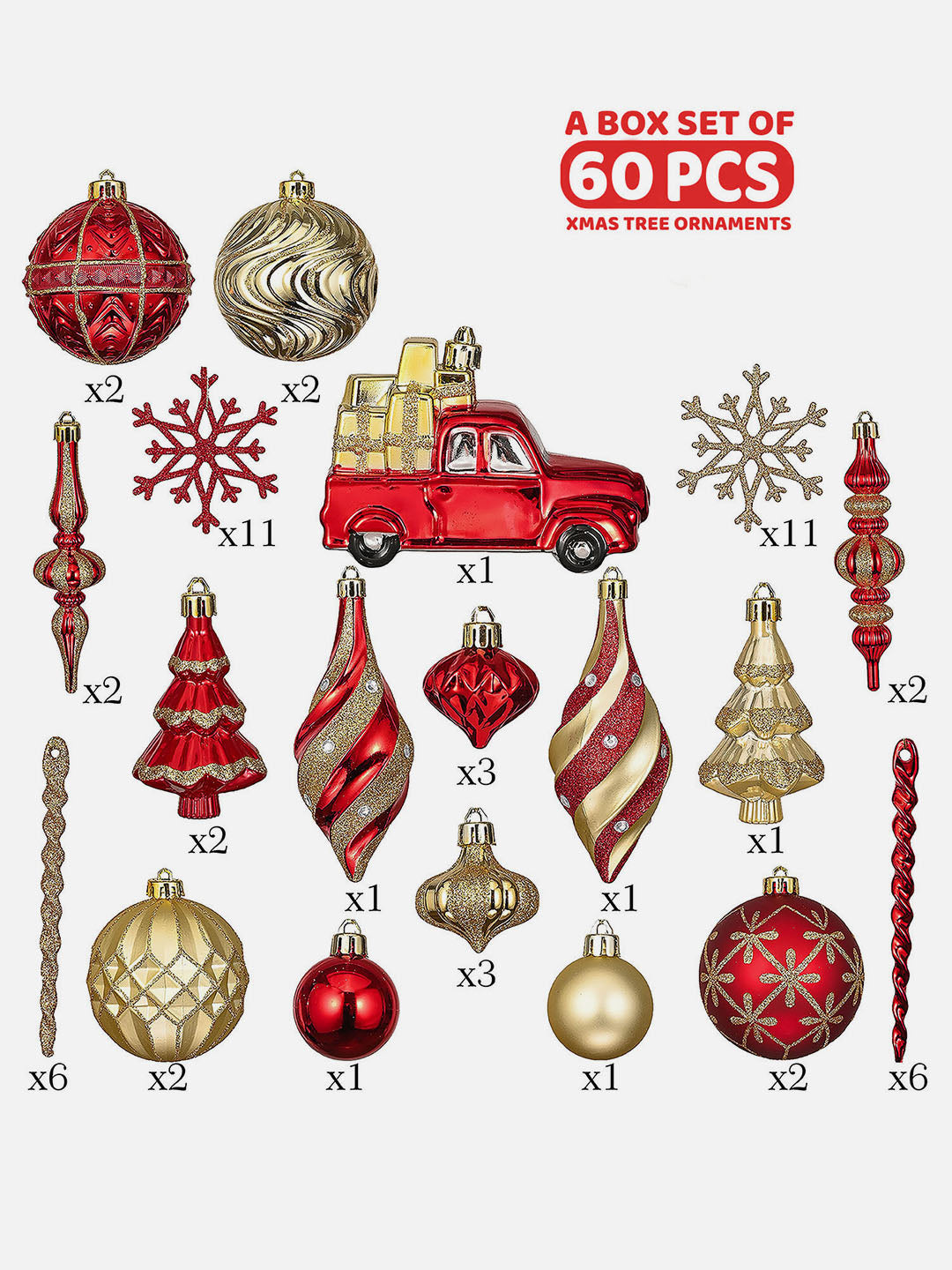 Little Surprise Box 60pcs Classic Christmas Balls tree hanging Xmas Decoration set.