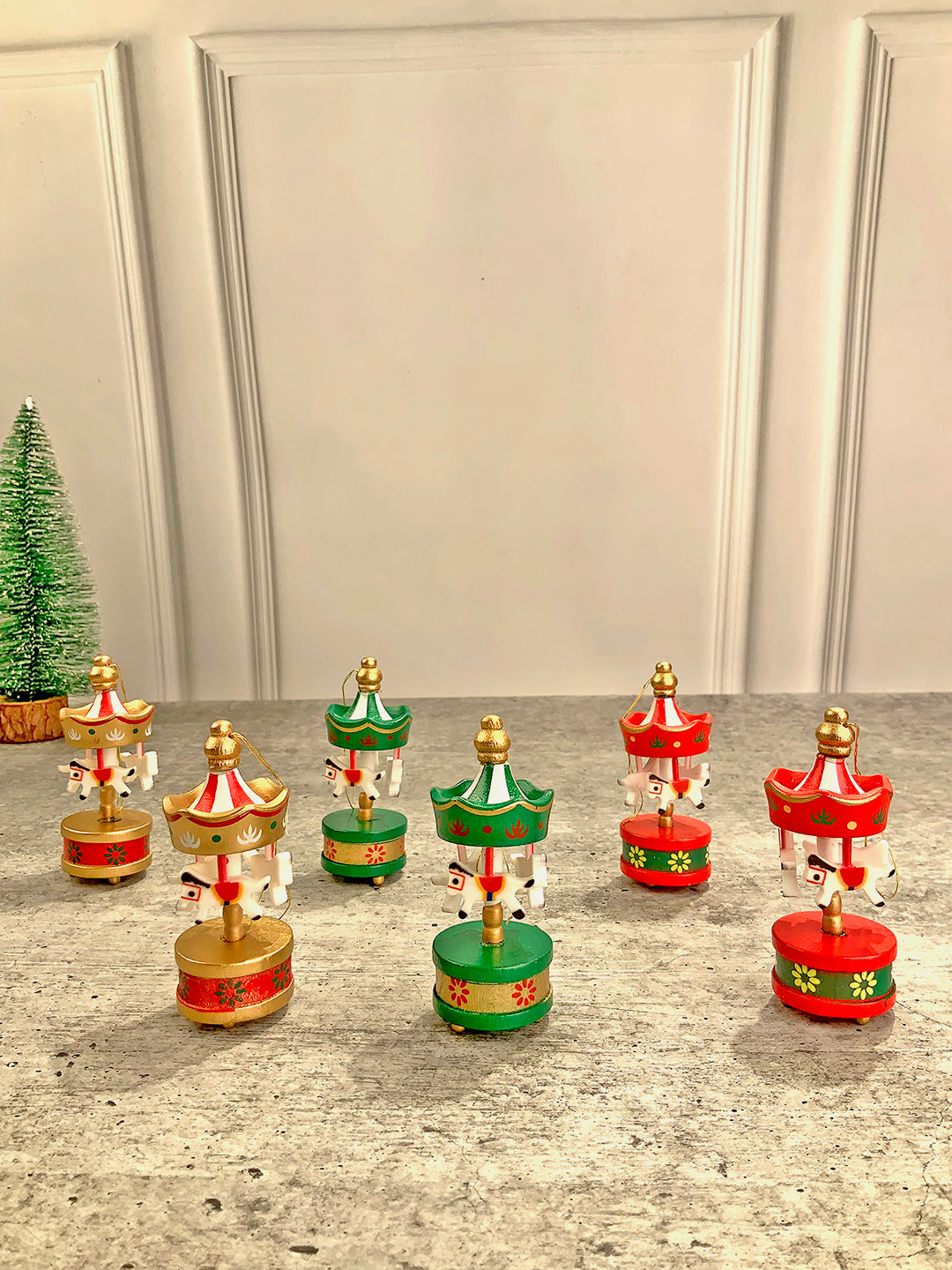 Little Surprise Box wooden Carousel set of 6, Christmas Tree Ornaments