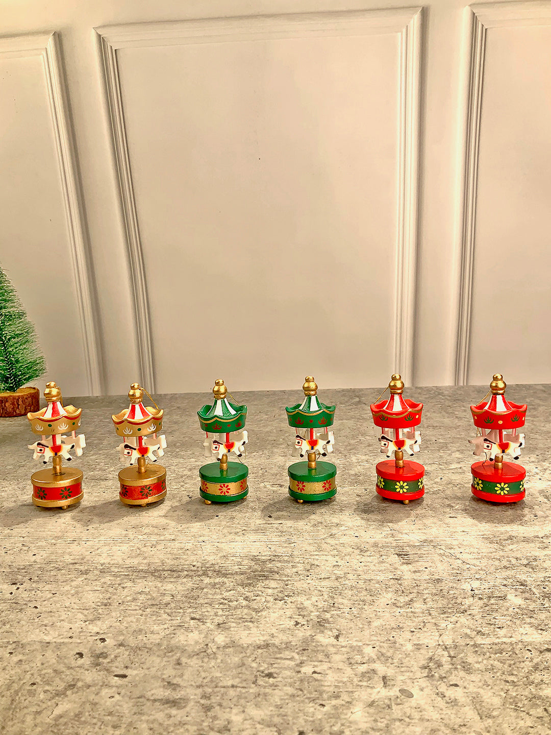 Little Surprise Box wooden Carousel set of 6, Christmas Tree Ornaments