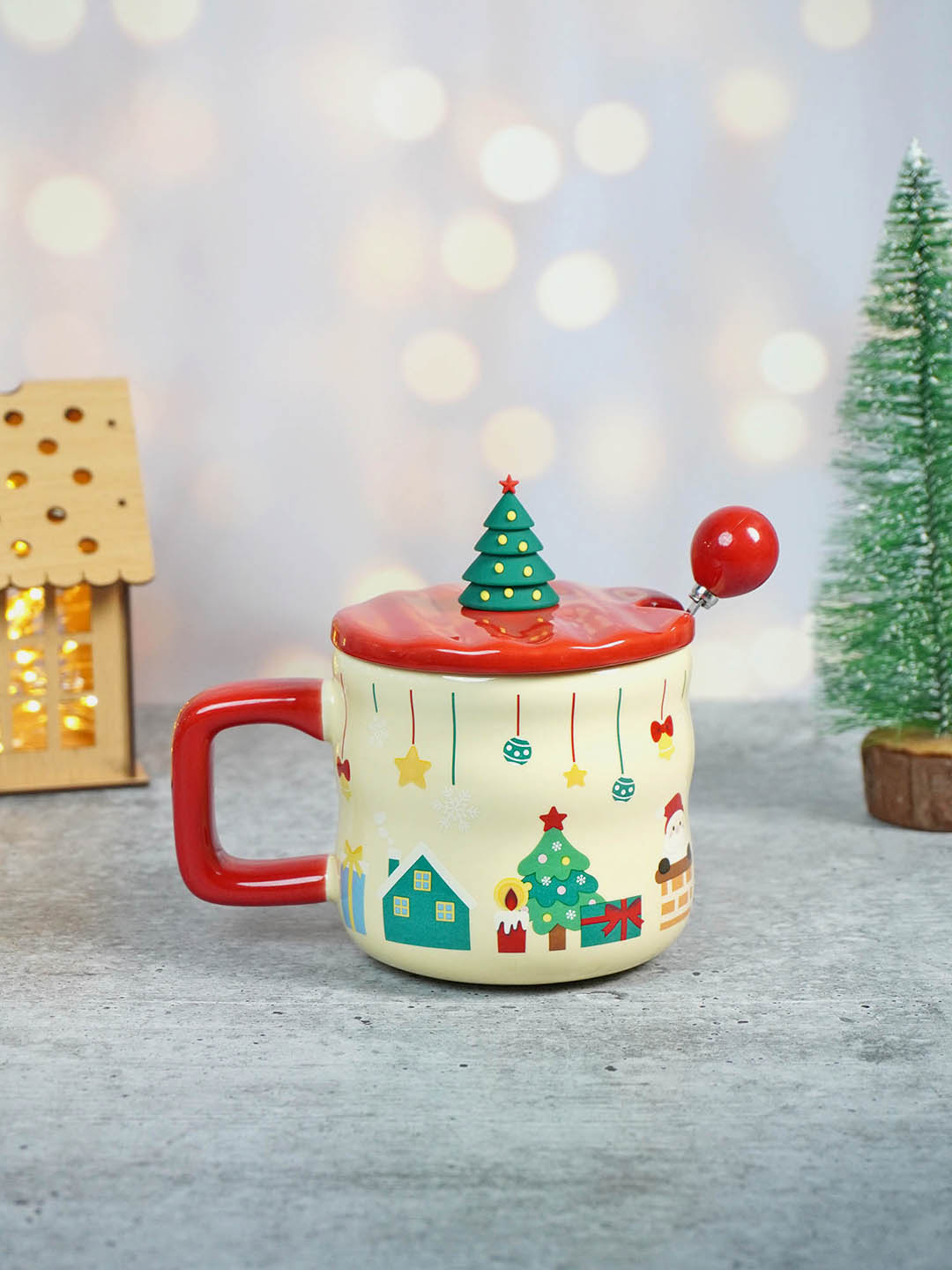 Ceramic Christmas Coffee & Hot Chocolate Mug With 3D Christmas Tree Lid &  Stainless Steel Spoon