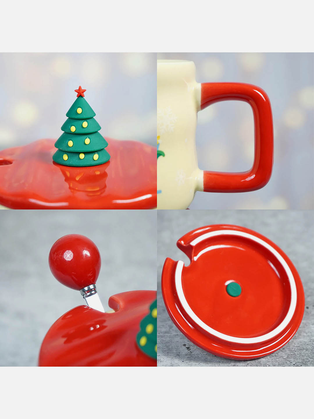 Ceramic Christmas Coffee & Hot Chocolate Mug With 3D Christmas Tree Lid &  Stainless Steel Spoon