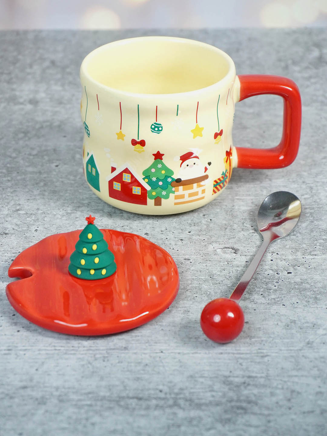 Ceramic Christmas Coffee & Hot Chocolate Mug With 3D Christmas Tree Lid &  Stainless Steel Spoon