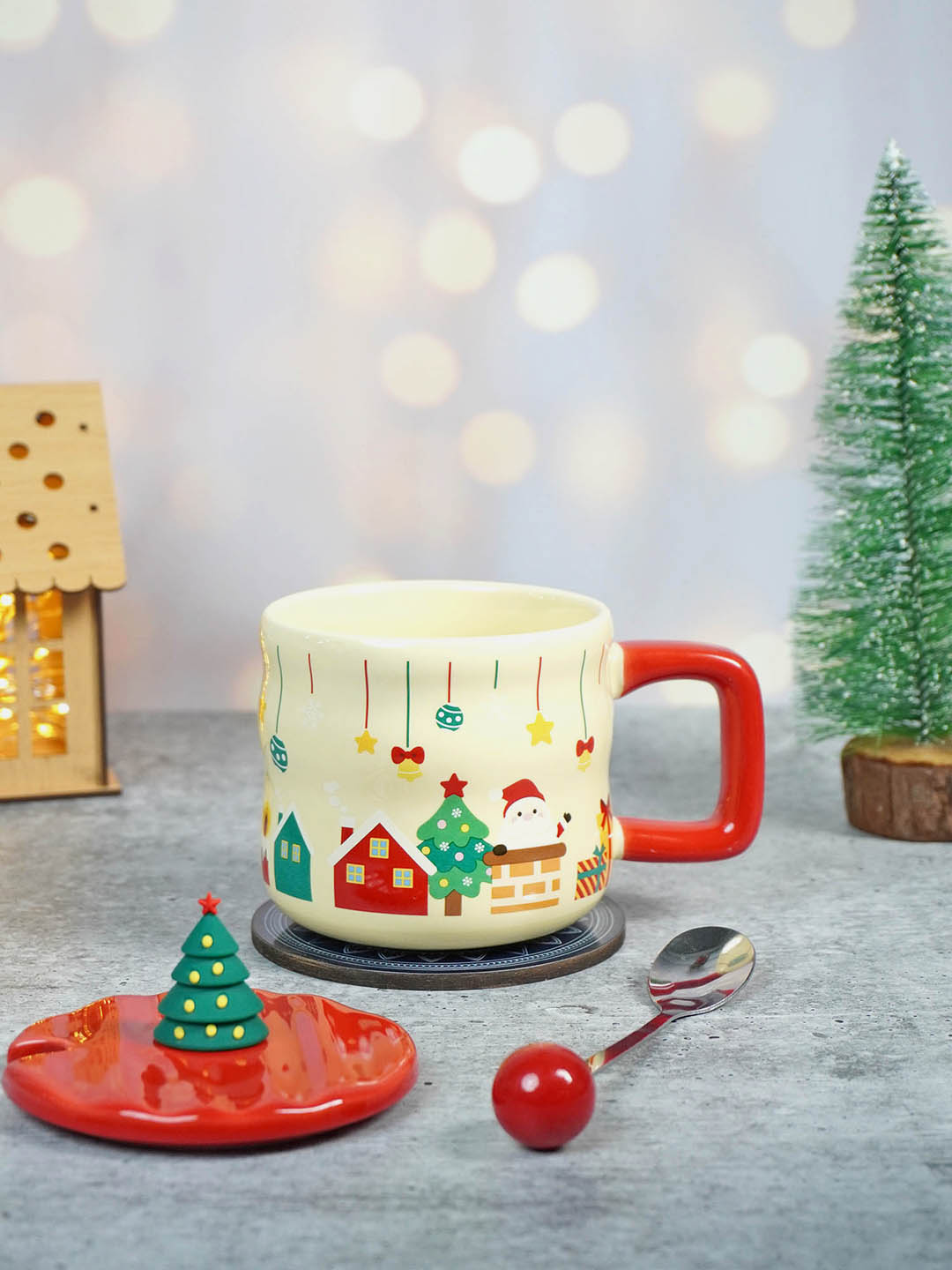 Ceramic Christmas Coffee & Hot Chocolate Mug With 3D Christmas Tree Lid &  Stainless Steel Spoon