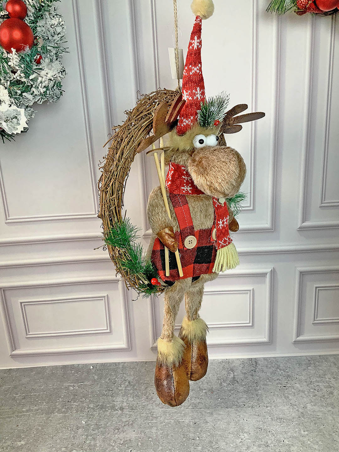 Little Surprise Box Fluffy Rudolf Christmas Artificial Wreath for wall door and Christmas tree Décor