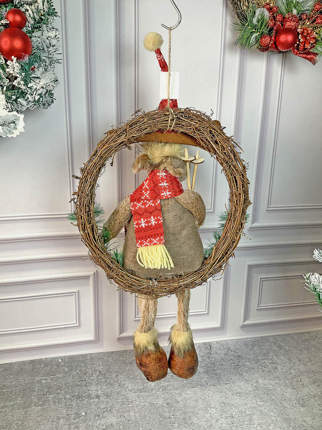 Little Surprise Box Fluffy Rudolf Christmas Artificial Wreath for wall door and Christmas tree Décor