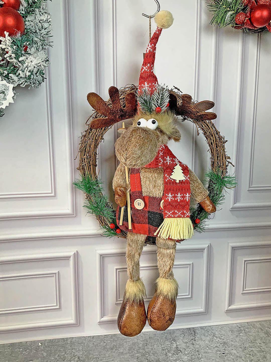 Little Surprise Box Fluffy Rudolf Christmas Artificial Wreath for wall door and Christmas tree Décor