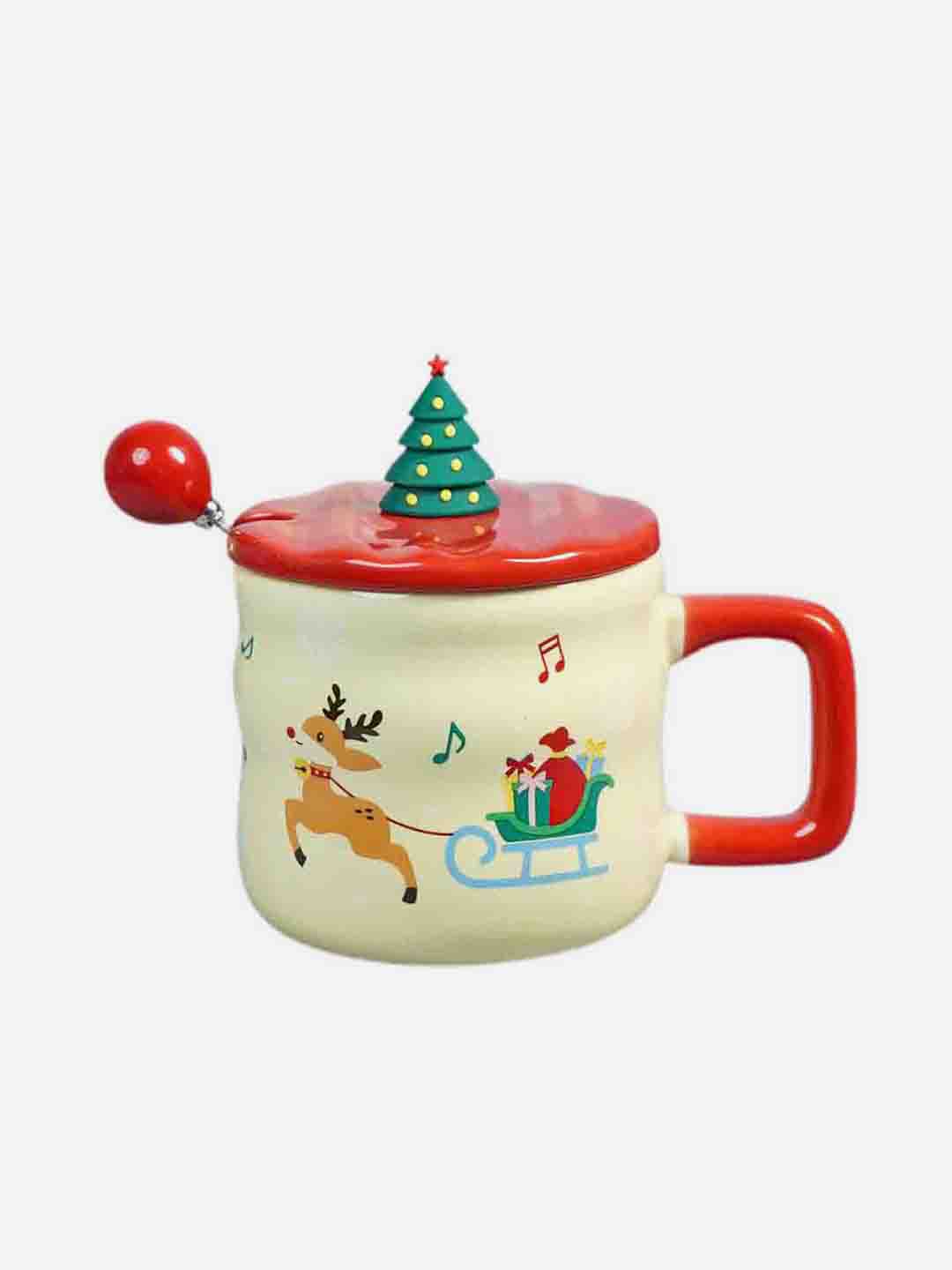 Ceramic Christmas Coffee & Hot Chocolate Mug With 3D Christmas Tree Lid &  Stainless Steel Spoon