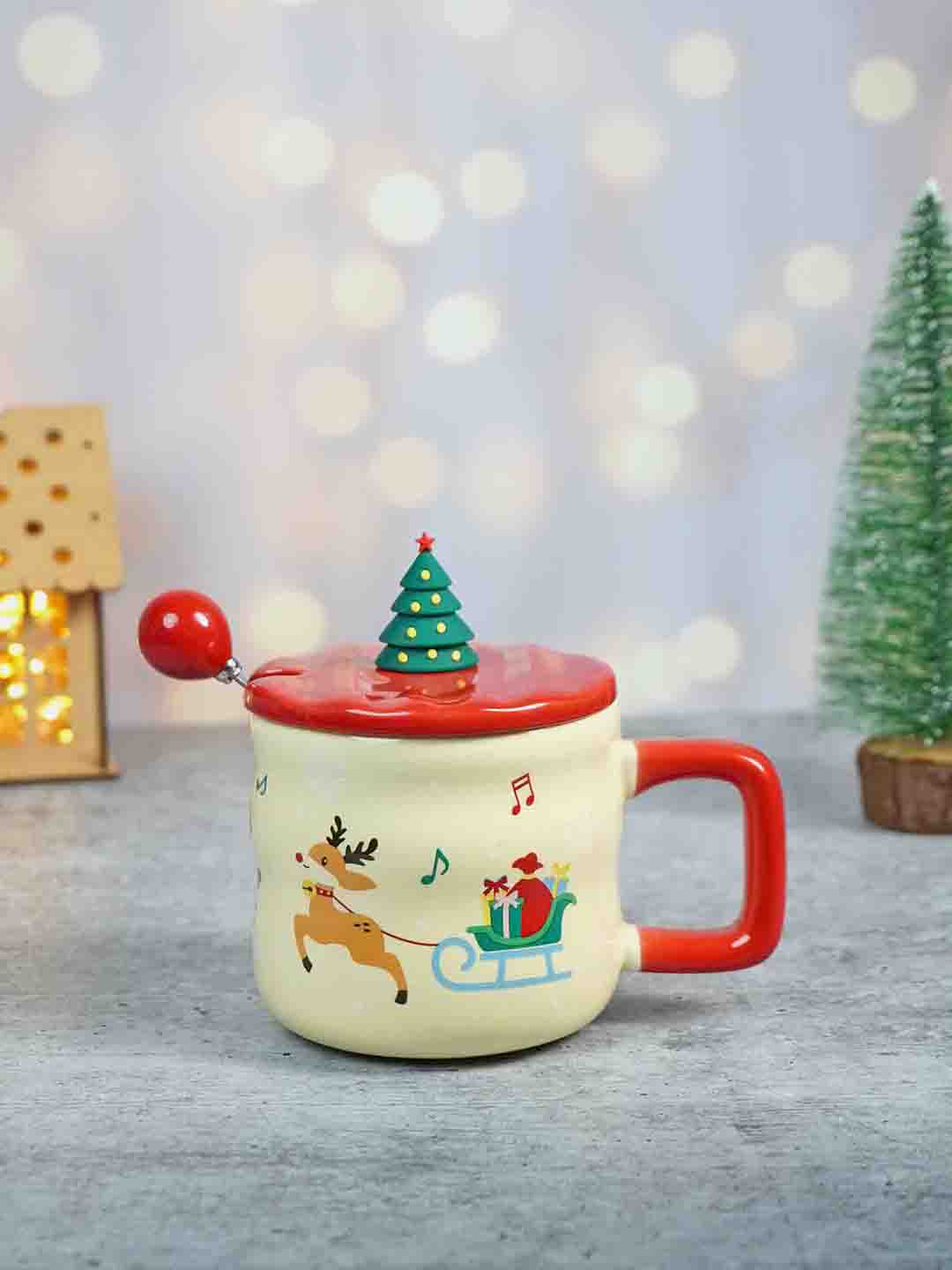 Ceramic Christmas Coffee & Hot Chocolate Mug With 3D Christmas Tree Lid &  Stainless Steel Spoon