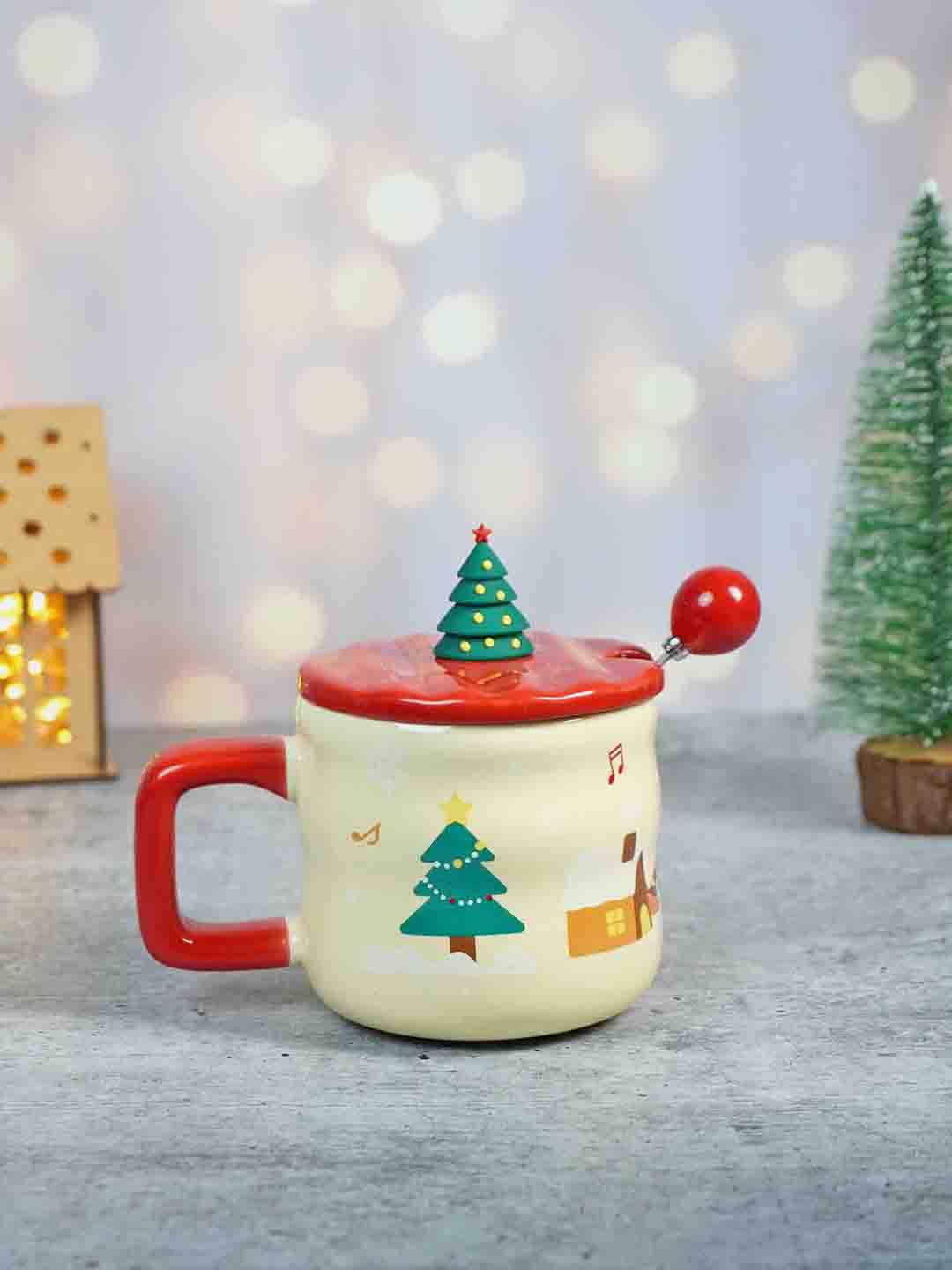 Ceramic Christmas Coffee & Hot Chocolate Mug With 3D Christmas Tree Lid &  Stainless Steel Spoon