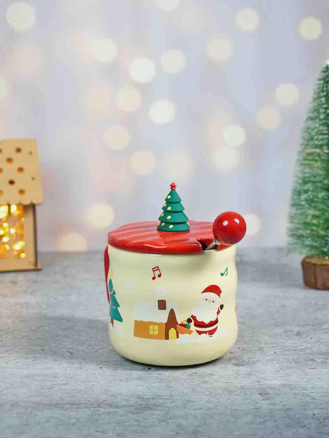 Ceramic Christmas Coffee & Hot Chocolate Mug With 3D Christmas Tree Lid &  Stainless Steel Spoon