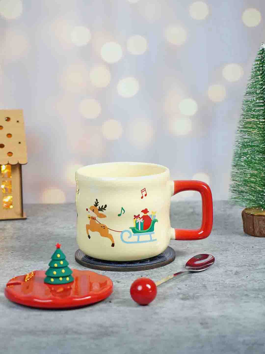 Ceramic Christmas Coffee & Hot Chocolate Mug With 3D Christmas Tree Lid &  Stainless Steel Spoon