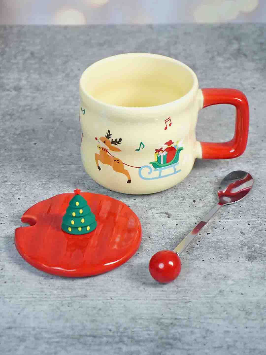 Ceramic Christmas Coffee & Hot Chocolate Mug With 3D Christmas Tree Lid &  Stainless Steel Spoon