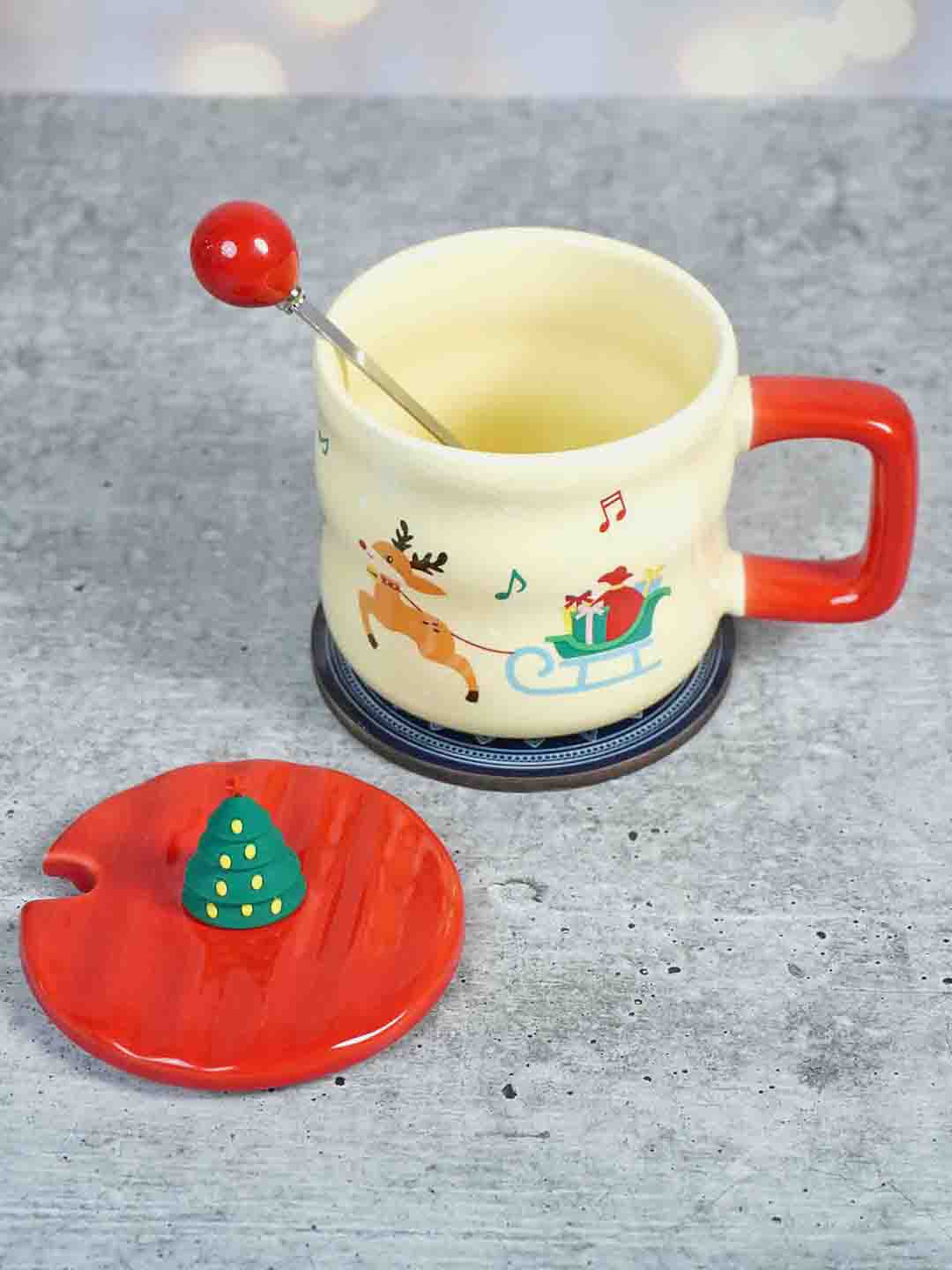 Ceramic Christmas Coffee & Hot Chocolate Mug With 3D Christmas Tree Lid &  Stainless Steel Spoon