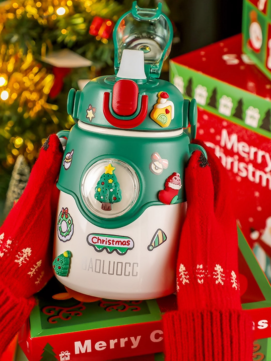Little Surprise Box, DIY Tree, White Satinless Steel Christmas Water Bottle for kids, 850ml