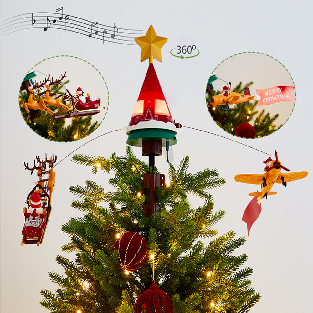 Little Surprise Box Dual Plane and Santa Carriage Rotating Christmas Tree Animated Topper.