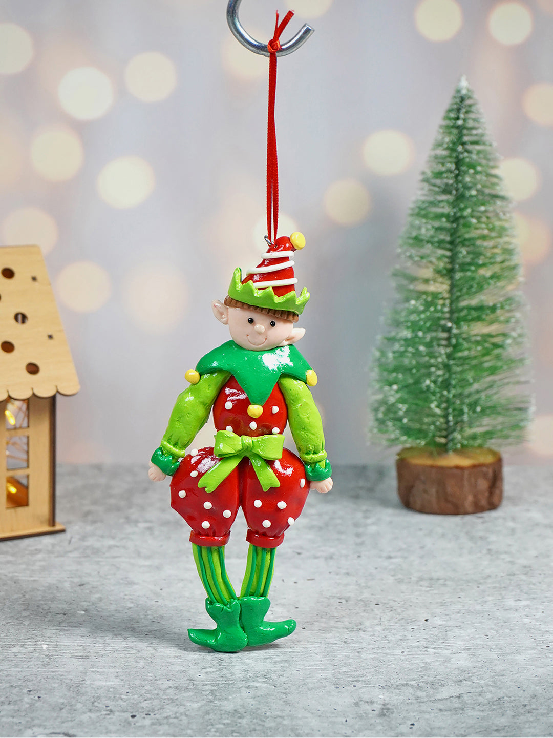 Little Surprise Box, Handmade clay Naughty elf Christmas tree ornament