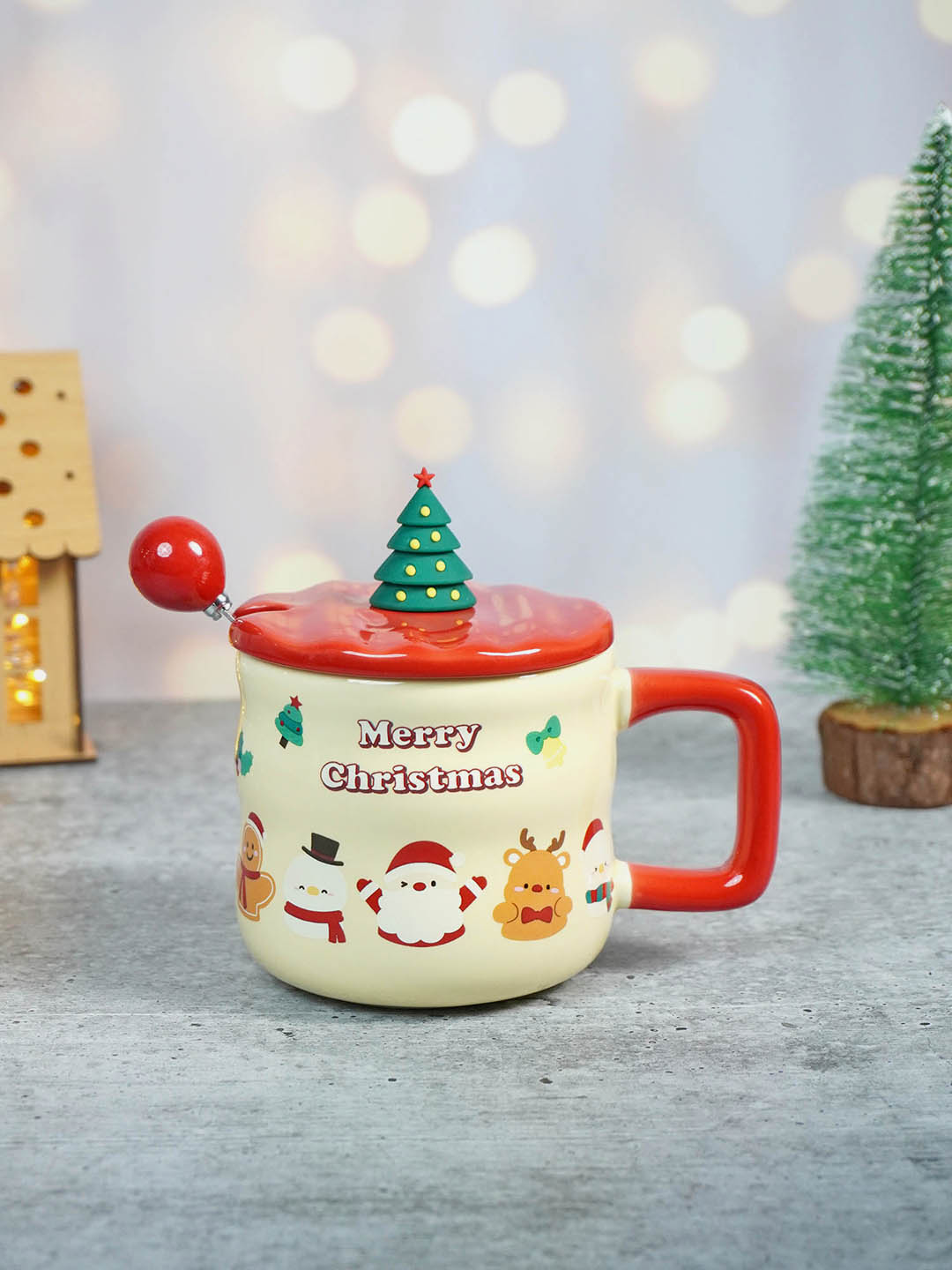 Ceramic Christmas Coffee & Hot Chocolate Mug With 3D Christmas Tree Lid &  Stainless Steel Spoon