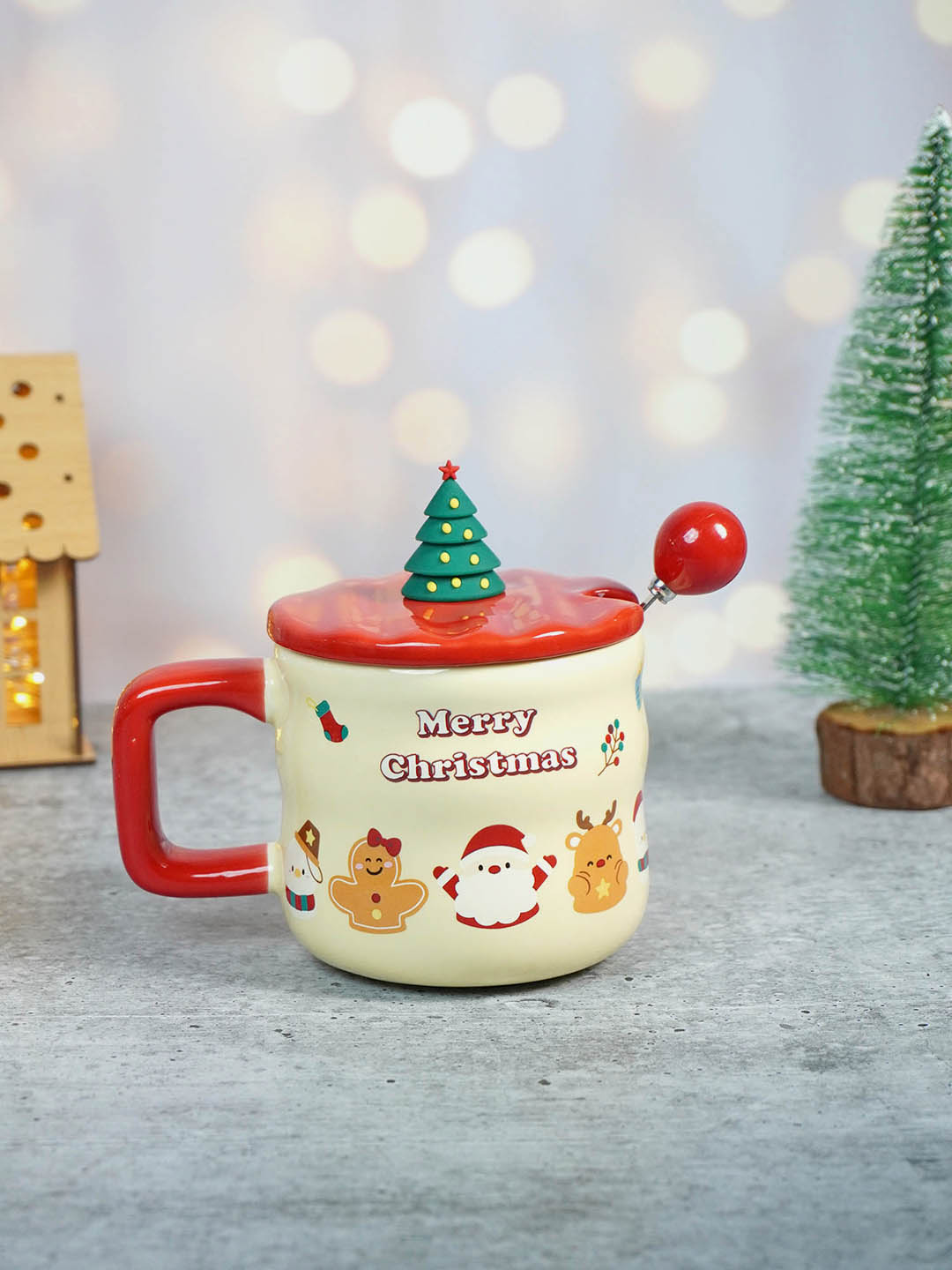 Ceramic Christmas Coffee & Hot Chocolate Mug With 3D Christmas Tree Lid &  Stainless Steel Spoon