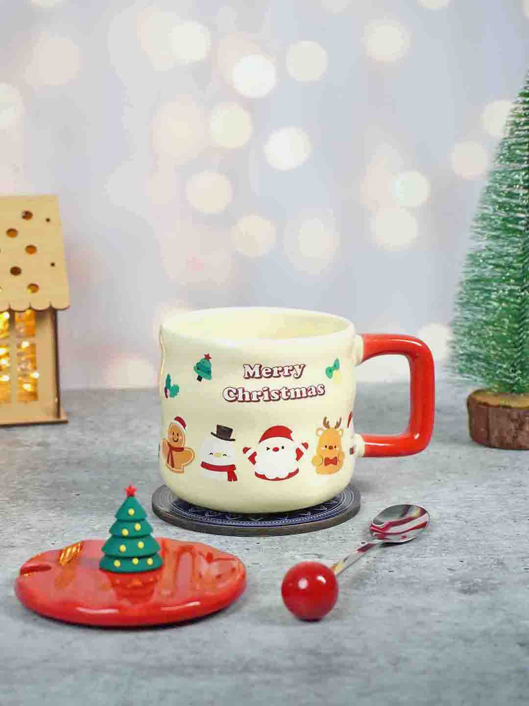 Ceramic Christmas Coffee & Hot Chocolate Mug With 3D Christmas Tree Lid &  Stainless Steel Spoon