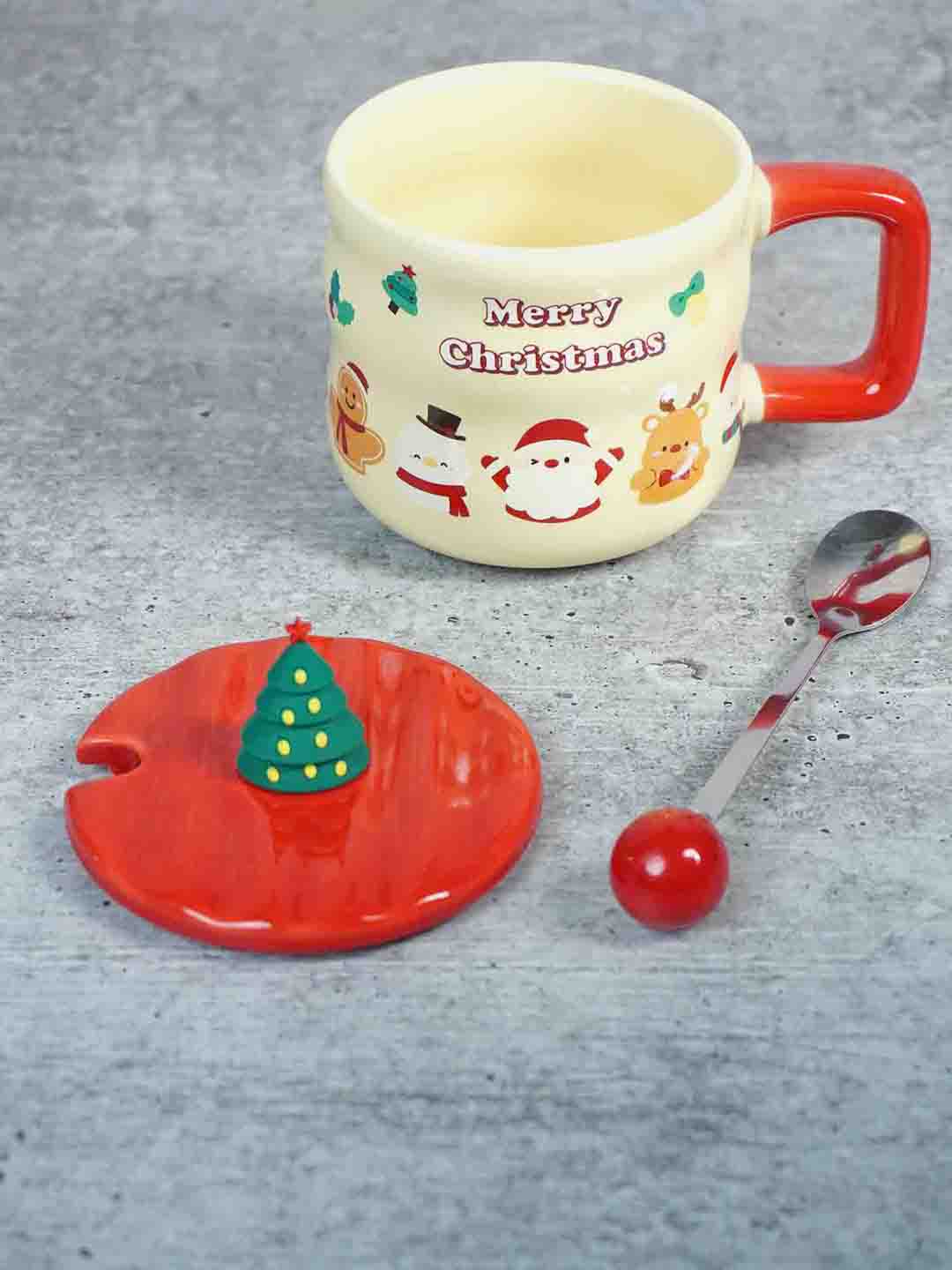 Ceramic Christmas Coffee & Hot Chocolate Mug With 3D Christmas Tree Lid &  Stainless Steel Spoon