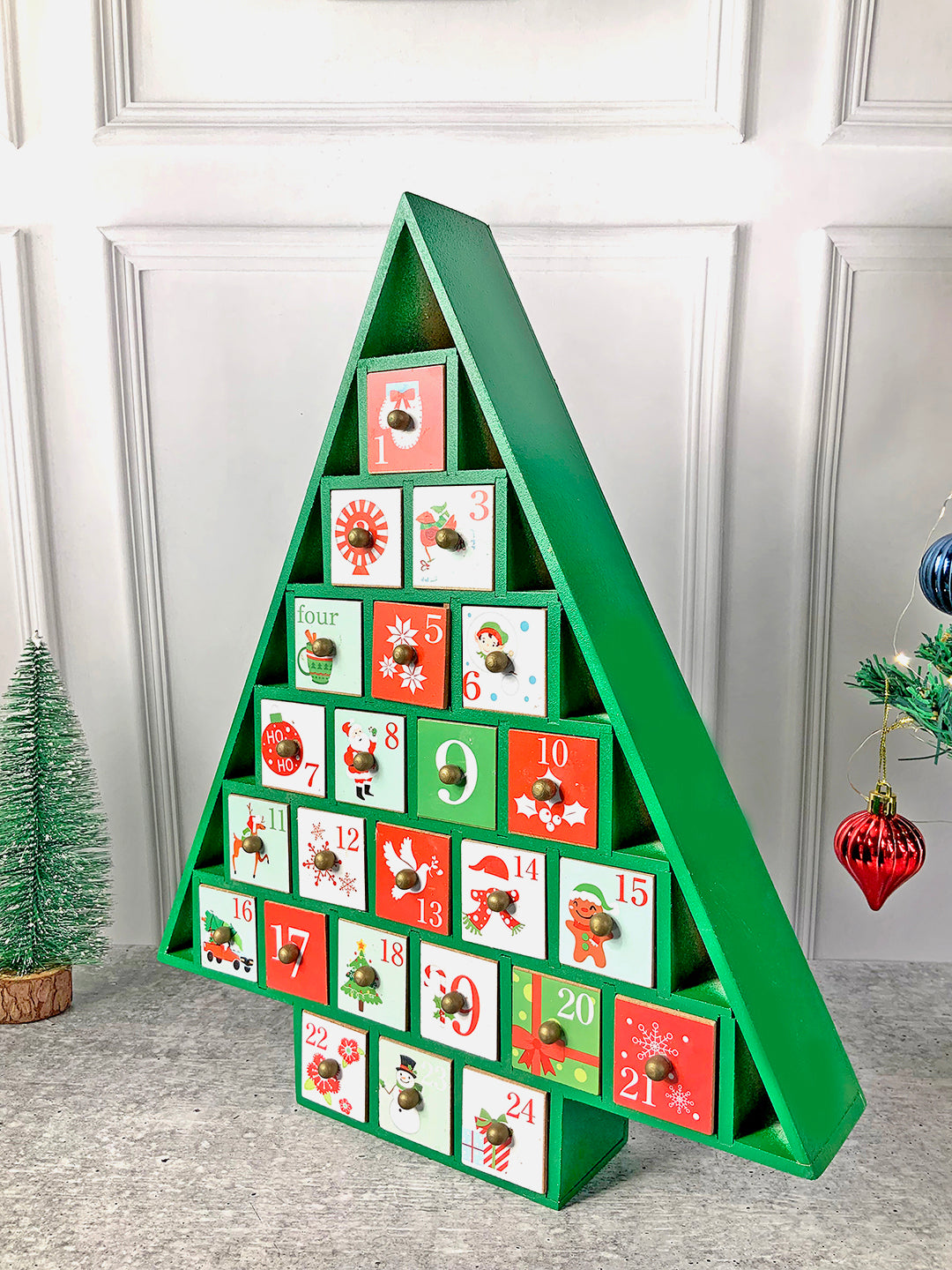 Little Surprise Box  24 days Wooden Red Tree Shape Advent Calendar for Christmas