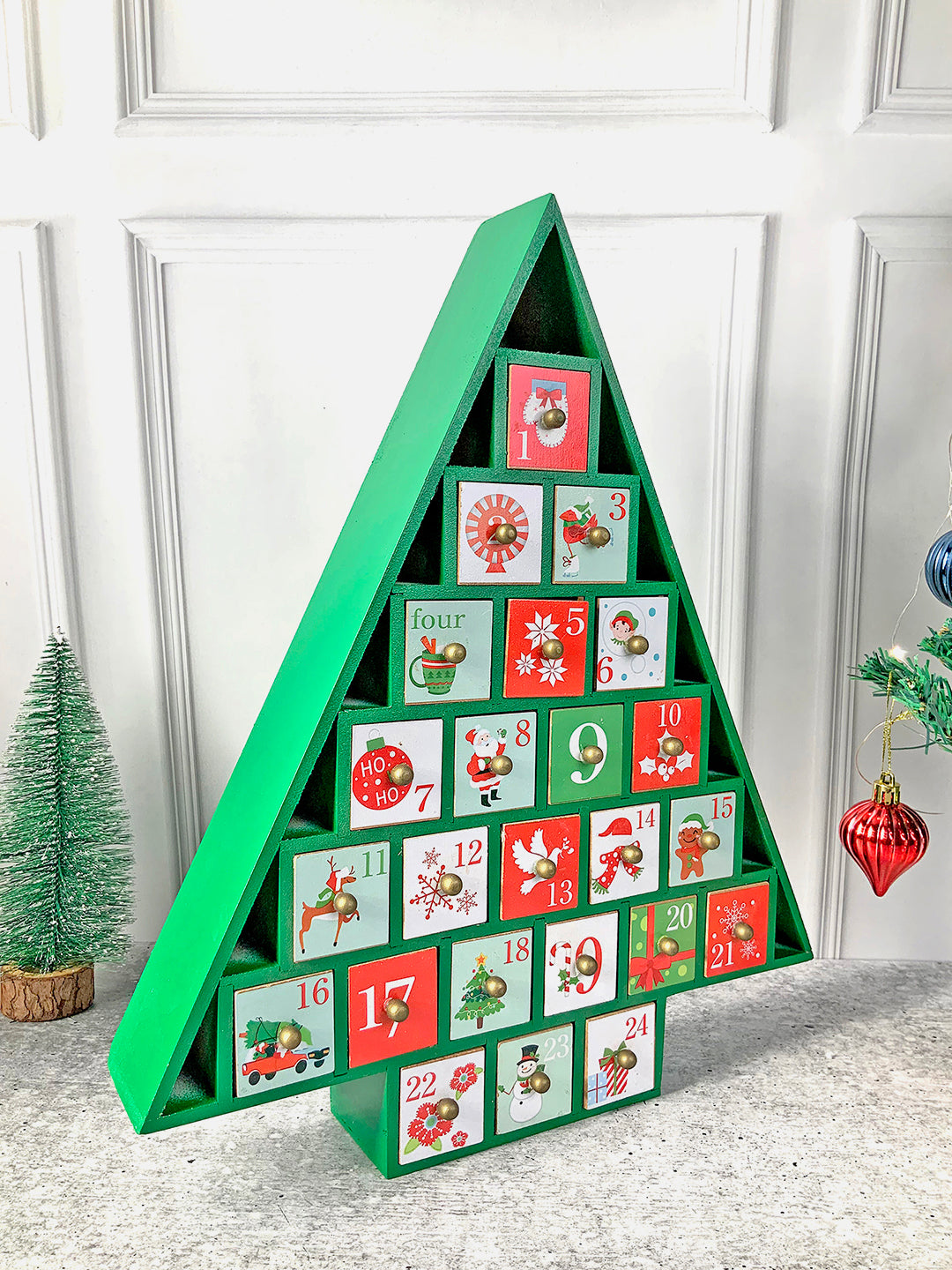 Little Surprise Box  24 days Wooden Red Tree Shape Advent Calendar for Christmas